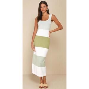 Lulus Easily Gorgeous Ivory and Sage Green Midi Sweater Dress Medium SAMPLE